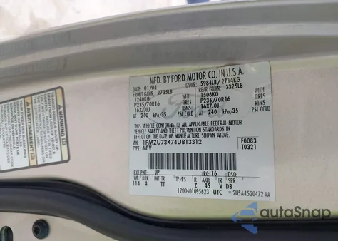 2004 Ford Explorer Nbx/Xlt из США, поврежденный, VIN 1FMZU73K74UB13312